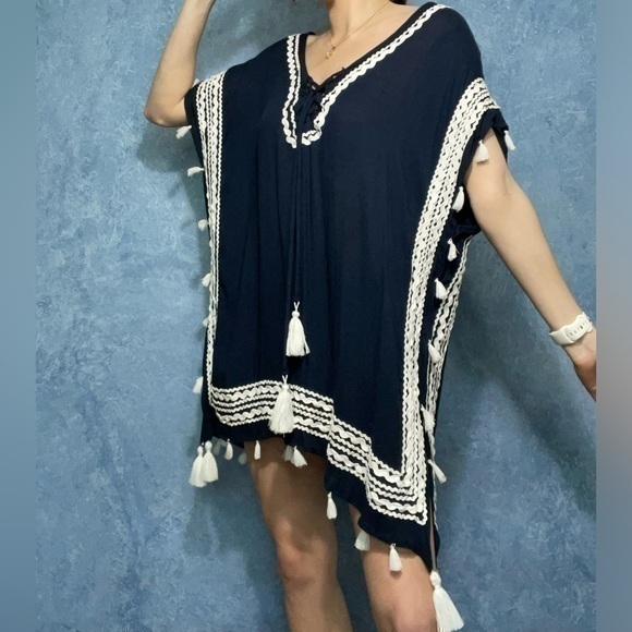 Surf Gypsy Navy Beach Coverup White Tassels - Picture 1 of 4